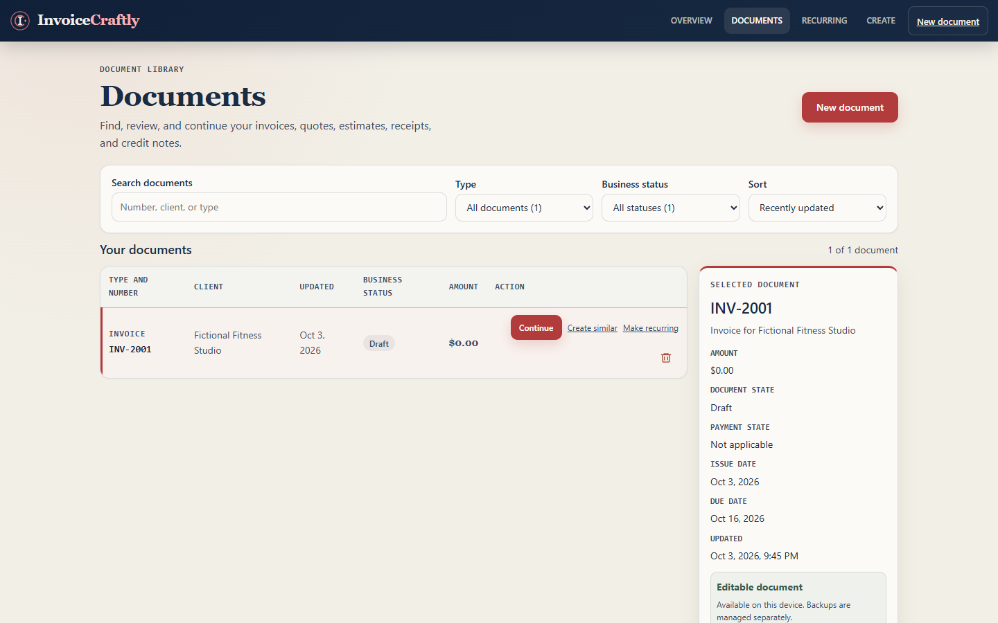 Document Library row for a saved invoice, showing its Make recurring link alongside Continue, Create similar and a delete button.
