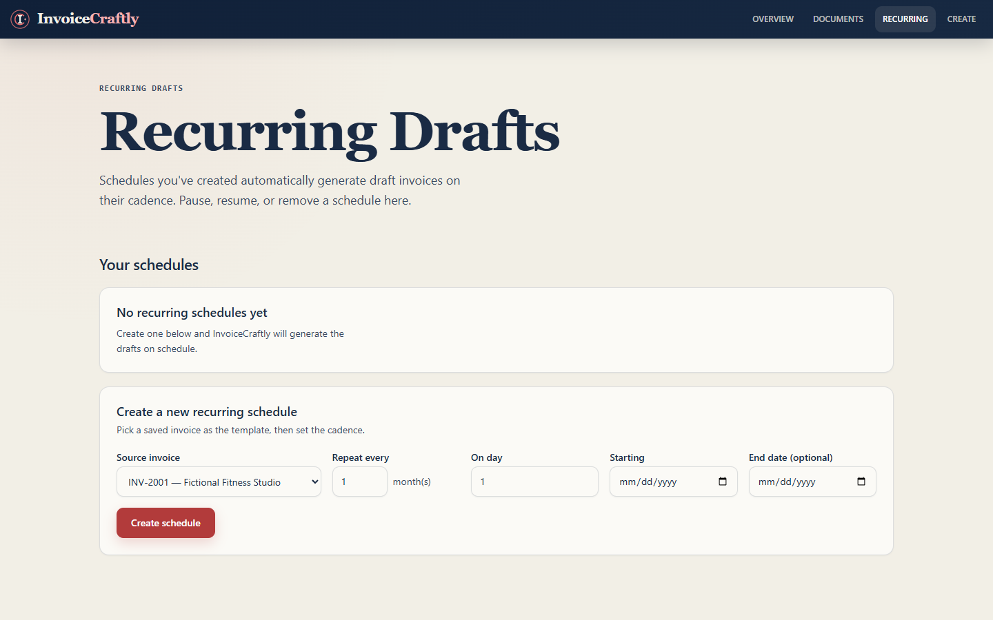 Recurring dashboard create-schedule form with the source invoice already selected in the dropdown.