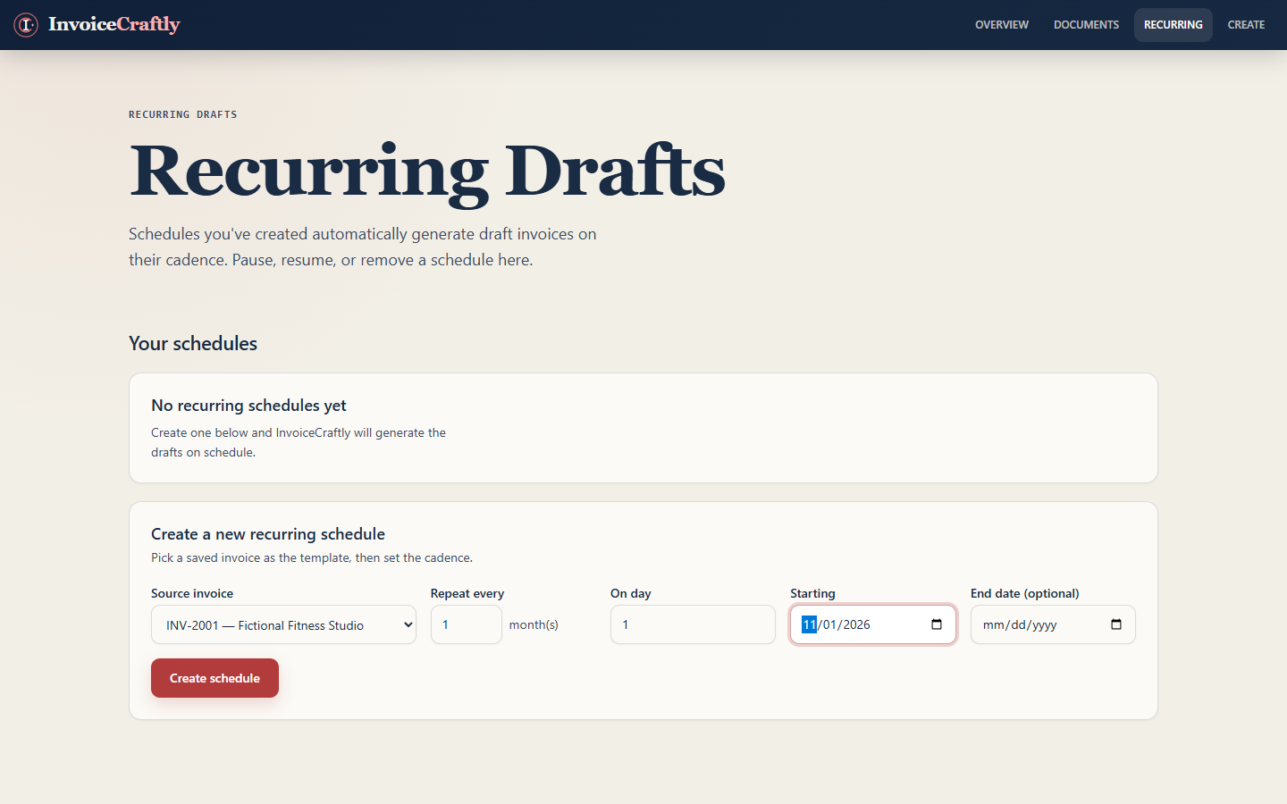 Recurring dashboard create-schedule form filled in with a monthly cadence, anchor day, and starting date.