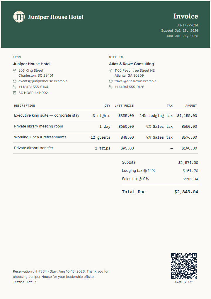Finished Juniper House Hotel invoice with a custom logo and scan-to-pay QR code