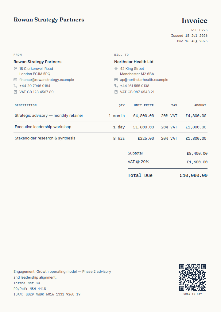 Professional strategy consulting invoice for Rowan Strategy Partners
