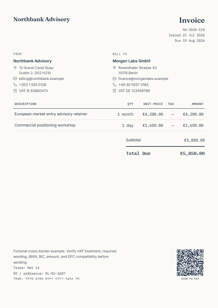 Finished fictional EUR consulting invoice with SEPA QR preview