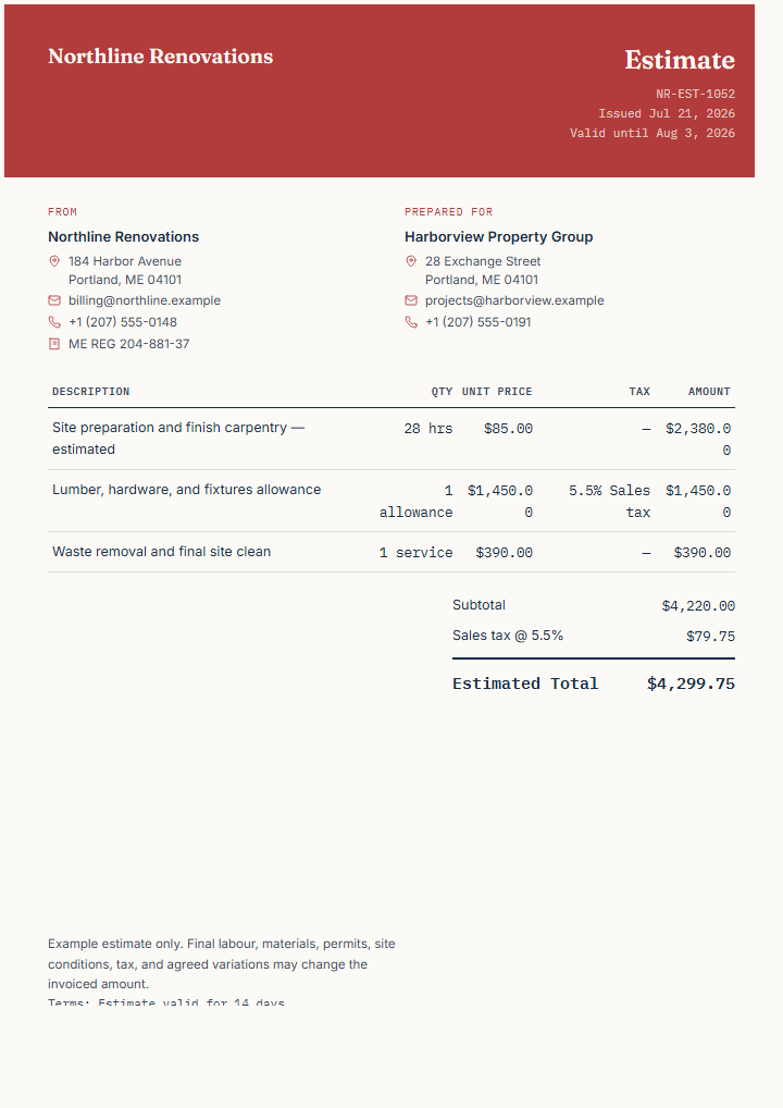 Finished fictional contractor renovation estimate preview