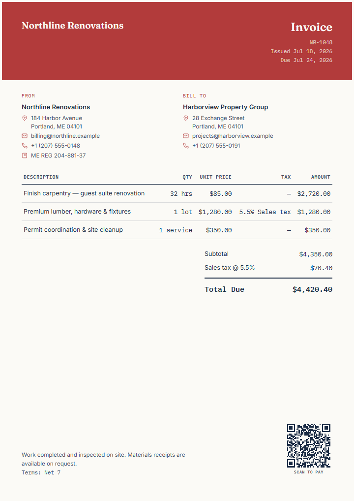 Professional contractor invoice for Northline Renovations
