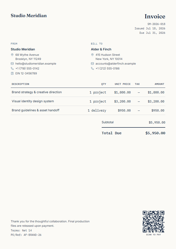 Professional freelance brand studio invoice for Studio Meridian