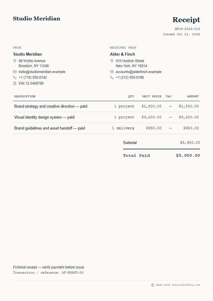 Finished fictional freelancer payment receipt preview