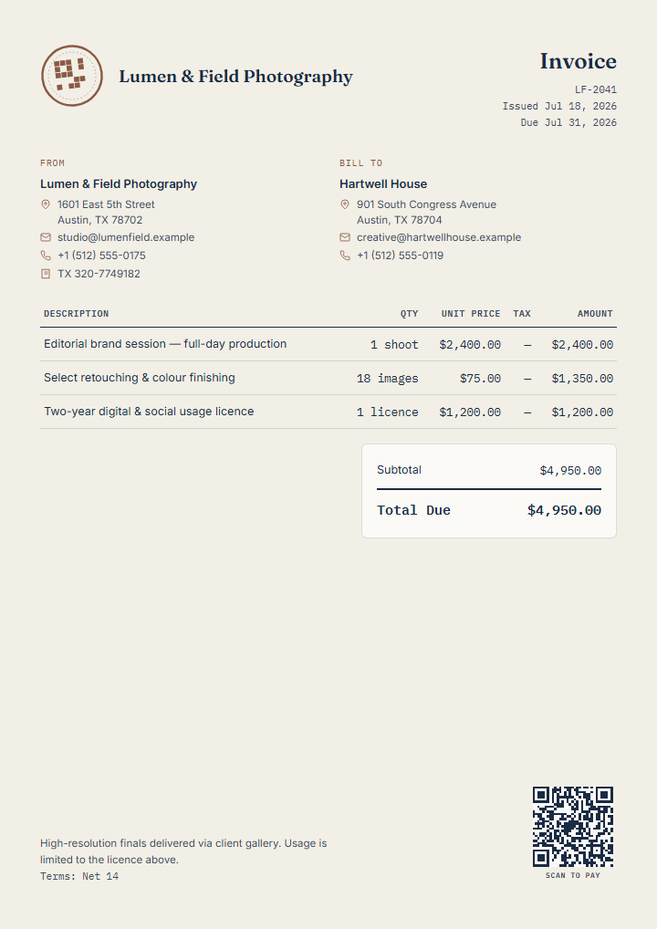 Professional editorial photography invoice for Lumen and Field Photography